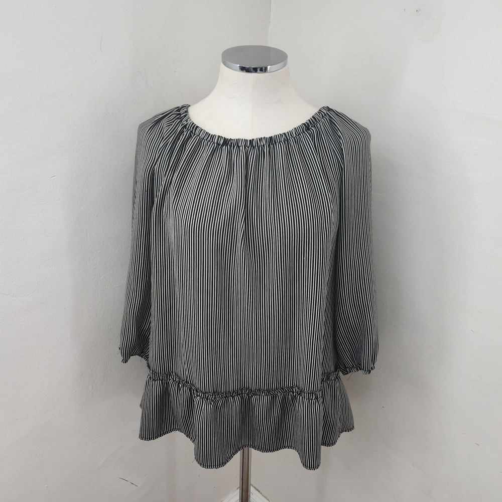 maurices Black White Stripe Gathered Neck Ruffle Hem Top Women's‎ Size L